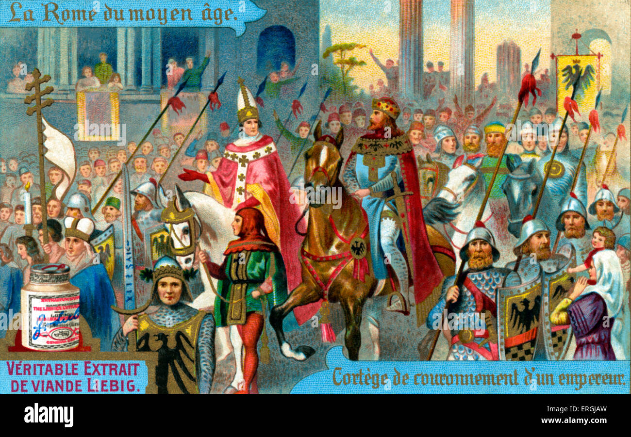 Coronation cortege of a Holy Roman Emperor in Medieval Rome. Illustration on Liebig collectible card. Early 20th century. Series title: 'La Rome du moyen age' ('Rome in the Middle Ages'). Stock Photo