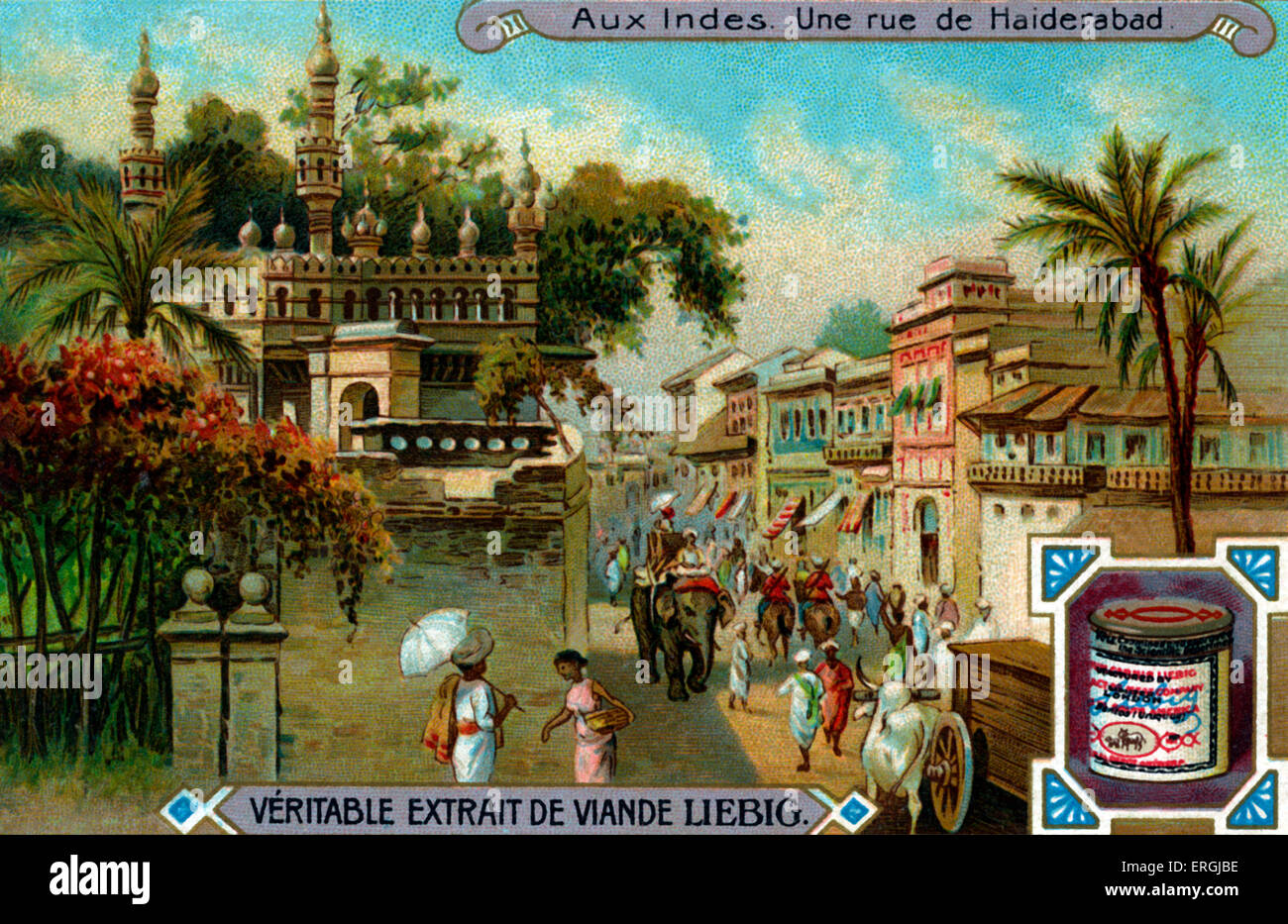 Street in Hyderabad, India. Early 20th century illustration from Liebig collectible card (French series title: 'Aux Indes'/'In Stock Photo