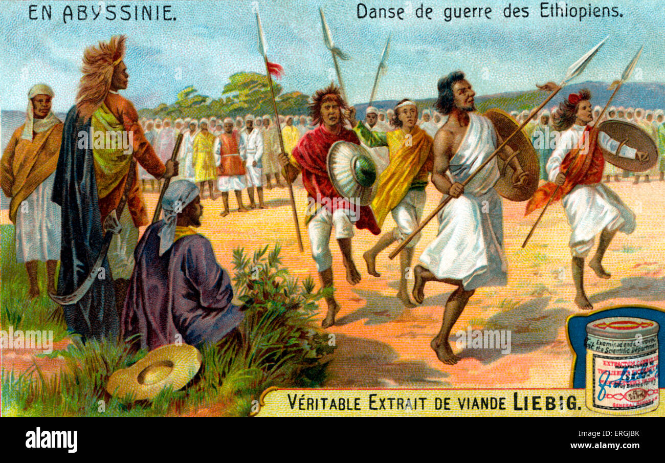 Ethiopian War Dance - illustration, 1906. From Liebig collectible card (French series title: 'En Abyssinie'/'In Abyssinia'). Stock Photo