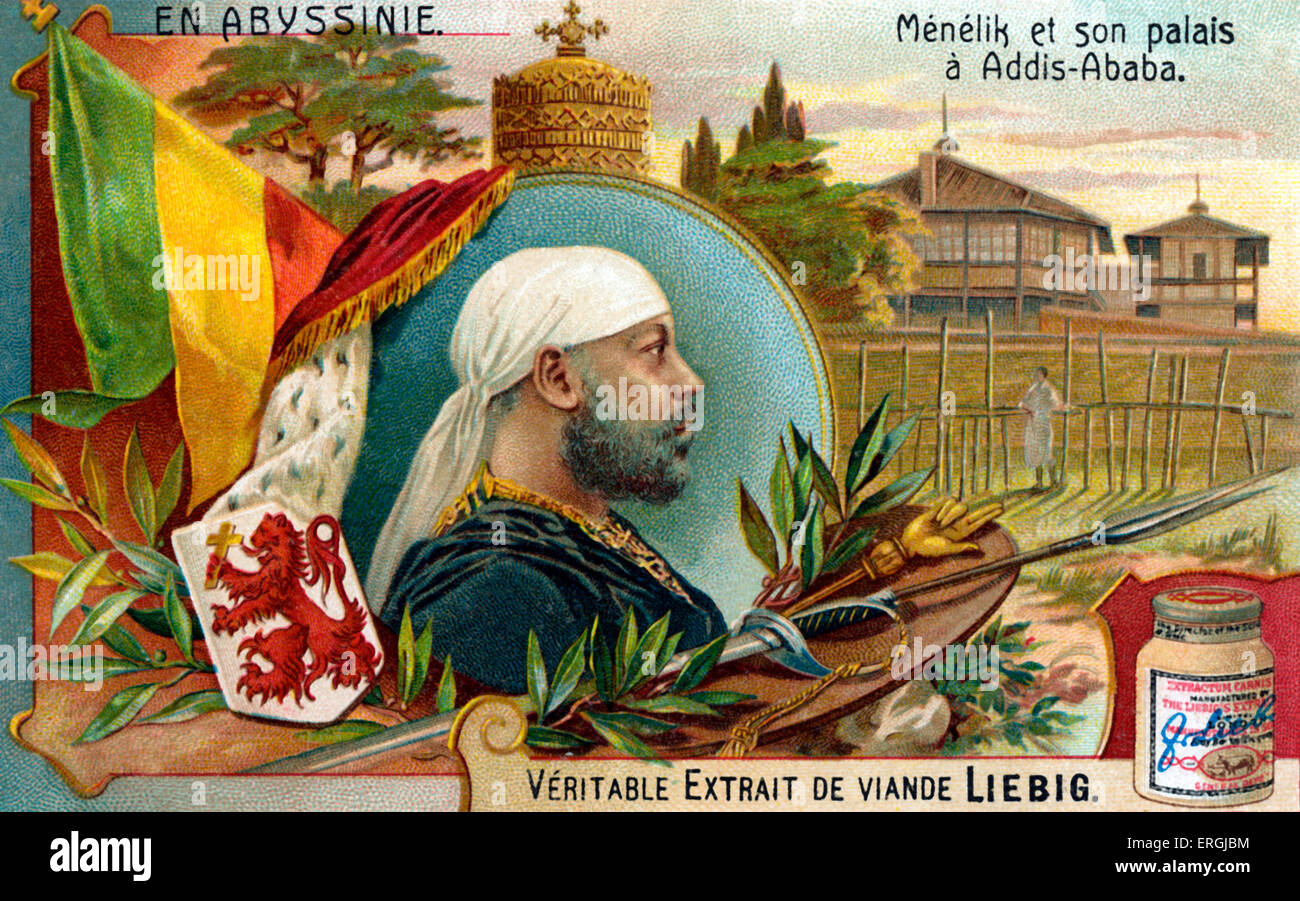 Menelik II- illustration, 1906. Pictured with his palace in Addis Ababa in Ethiopia. From Liebig collectible card (French series title: 'En Abyssinie'/'In Abyssinia'). N: Negus (Kng) of Shewa (1866–89) and Nəgusä Nägäst (emperor) of Ethiopia from 1889 to his death, 17 August 1844 – 12 December 1913. Stock Photo
