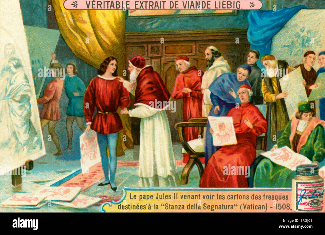 Pope Julius II examining paintings produced for 'Stanza della Segnatura' in the Palace of the Vatican, 1508. One of four 'stanze di Raffaello' (Raphael's rooms) decorated with frescos by Raphael. Illustration of an episode from the life of Italian painter Raphael (Sanzio da Urbino) (1483 – 1520) . Liebig card, early 20th century. Stock Photo
