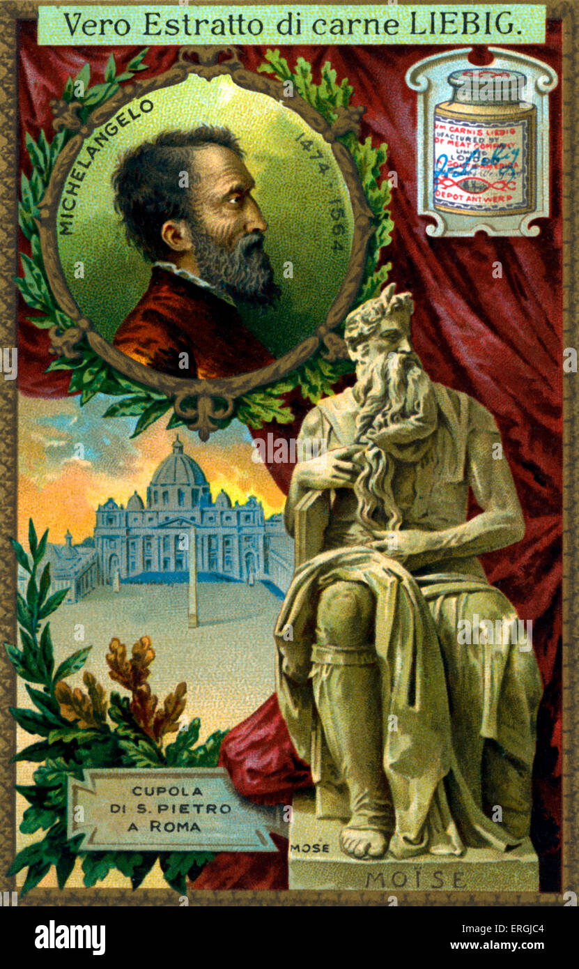 Moses - statue by Michelangelo. Housed in San Pietro in Vincoli in Rome. Illustration on Liebig card. Early 20th century. Stock Photo