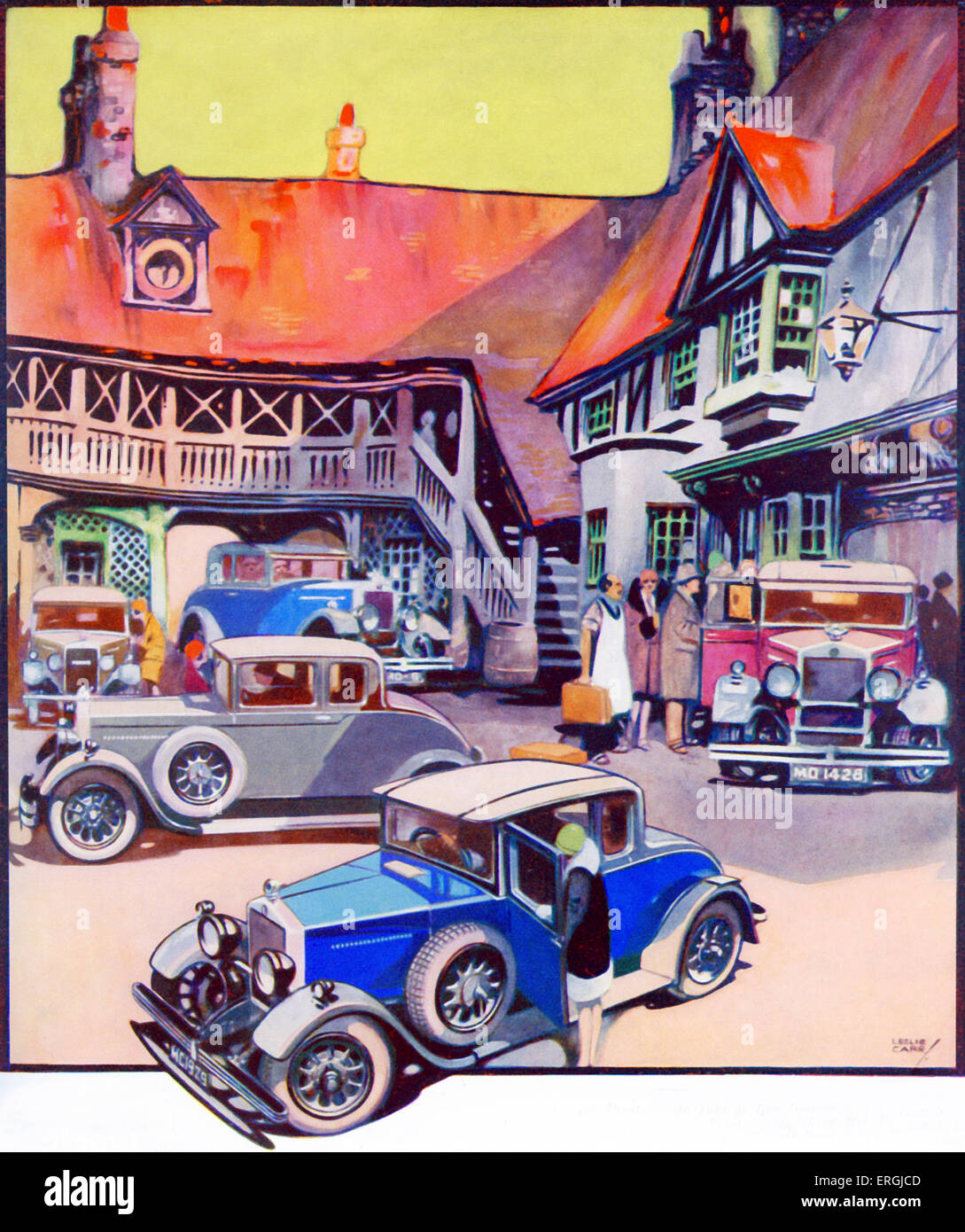Cars in Inn Courtyard. England, 1930. Advertisement illustration by Leslie Carr (Dates unknown, active 1920s-1950s) Stock Photo