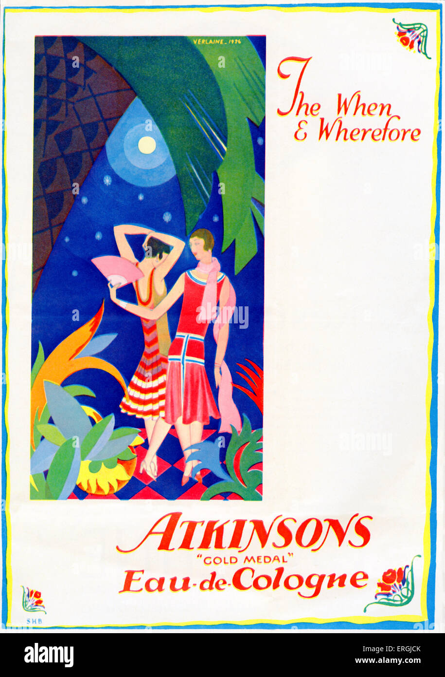 Atkinsons 'Gold Medal' Eau-de-Cologne perfume advertisement, showing 1920s fashion.. Illustration by Verlaine (dates unknown), Stock Photo