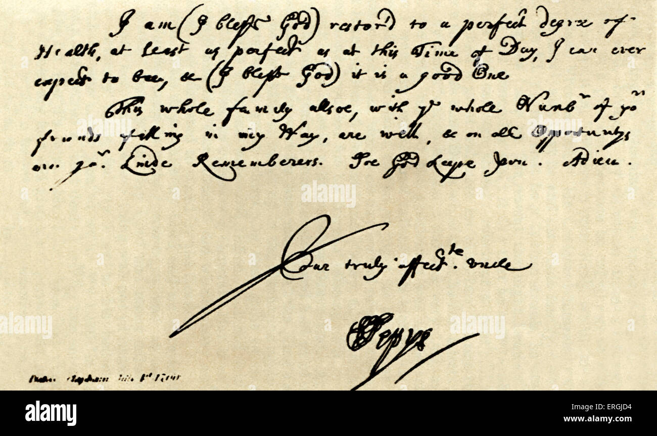 Handwriting of Samuel Pepys. Date unknown. Featured in The Diary of Samuel Pepys. Stock Photo