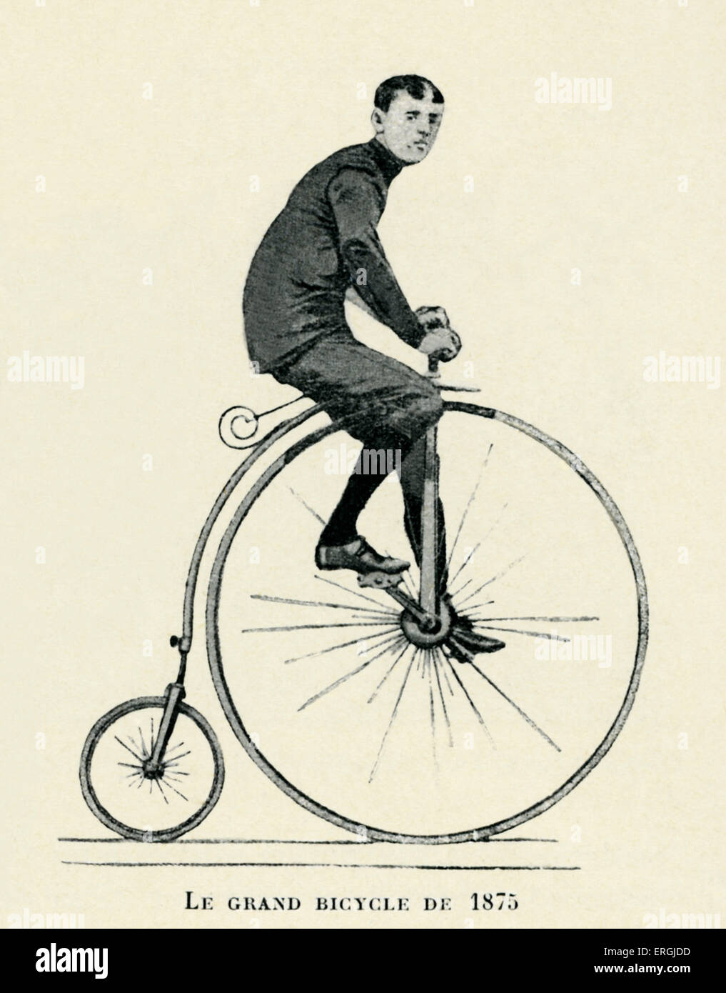 Man riding Penny-farthing. Bicycle with large front wheel. Also known as high  wheel, high wheeler, and ordinary (French Stock Photo - Alamy