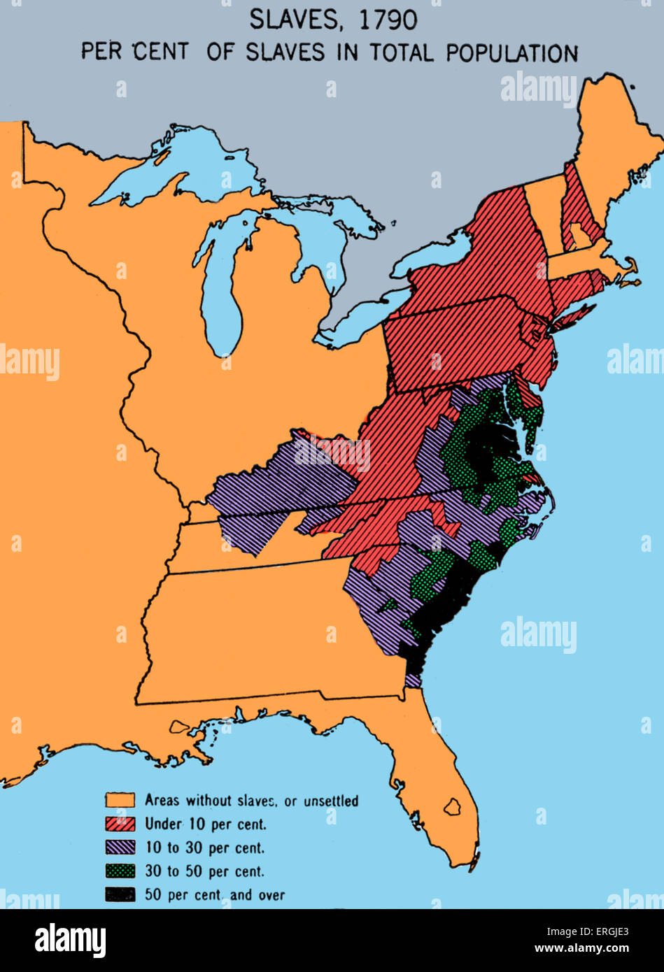 Map depicting density of slavery in theUSA in 1790. Shows chief slave states as Virginia and the Carolinas. Stock Photo