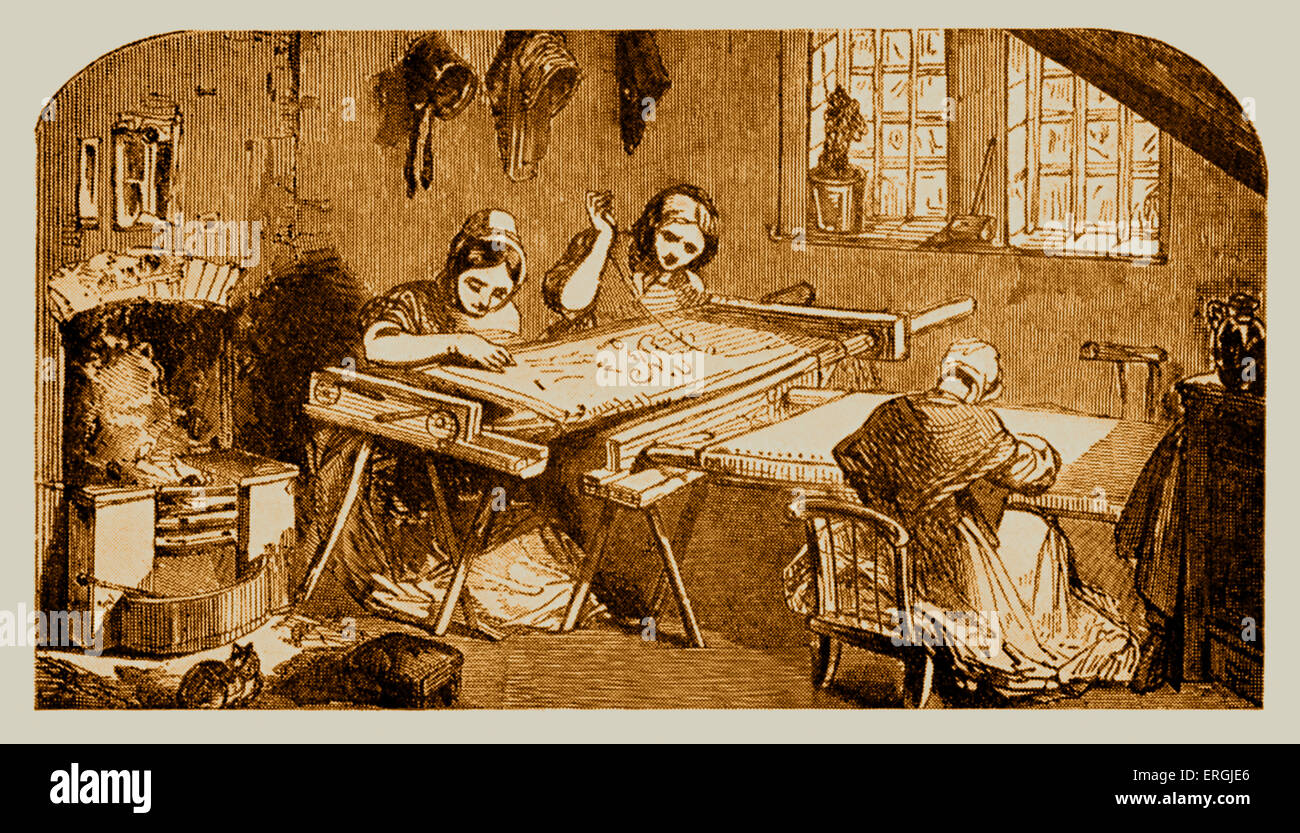 Women making lace, early 19th century. Illustration originally from Charles Knight's 'Cyclopaedia of the Industry of All Stock Photo