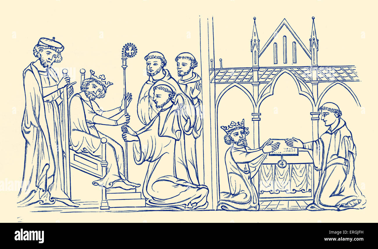 Foundation of a minster. Possibly drawn by Matthew Paris.  Showing (left to right): Investure of an abbot and offering up Stock Photo
