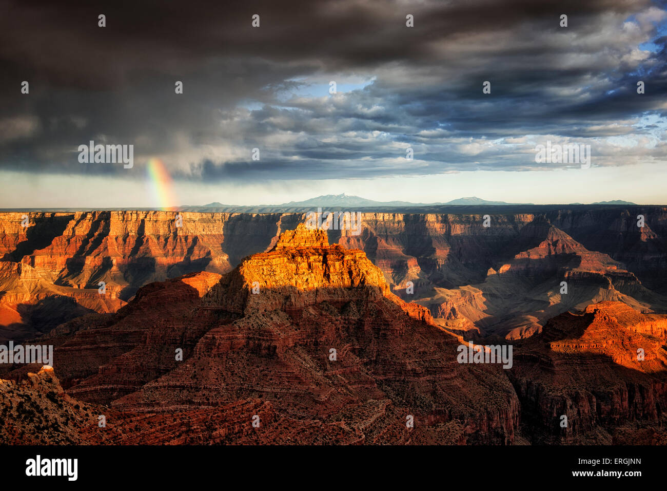 Evening spring shower creates rainbow over the North Rim of Arizona’s Grand Canyon National Park