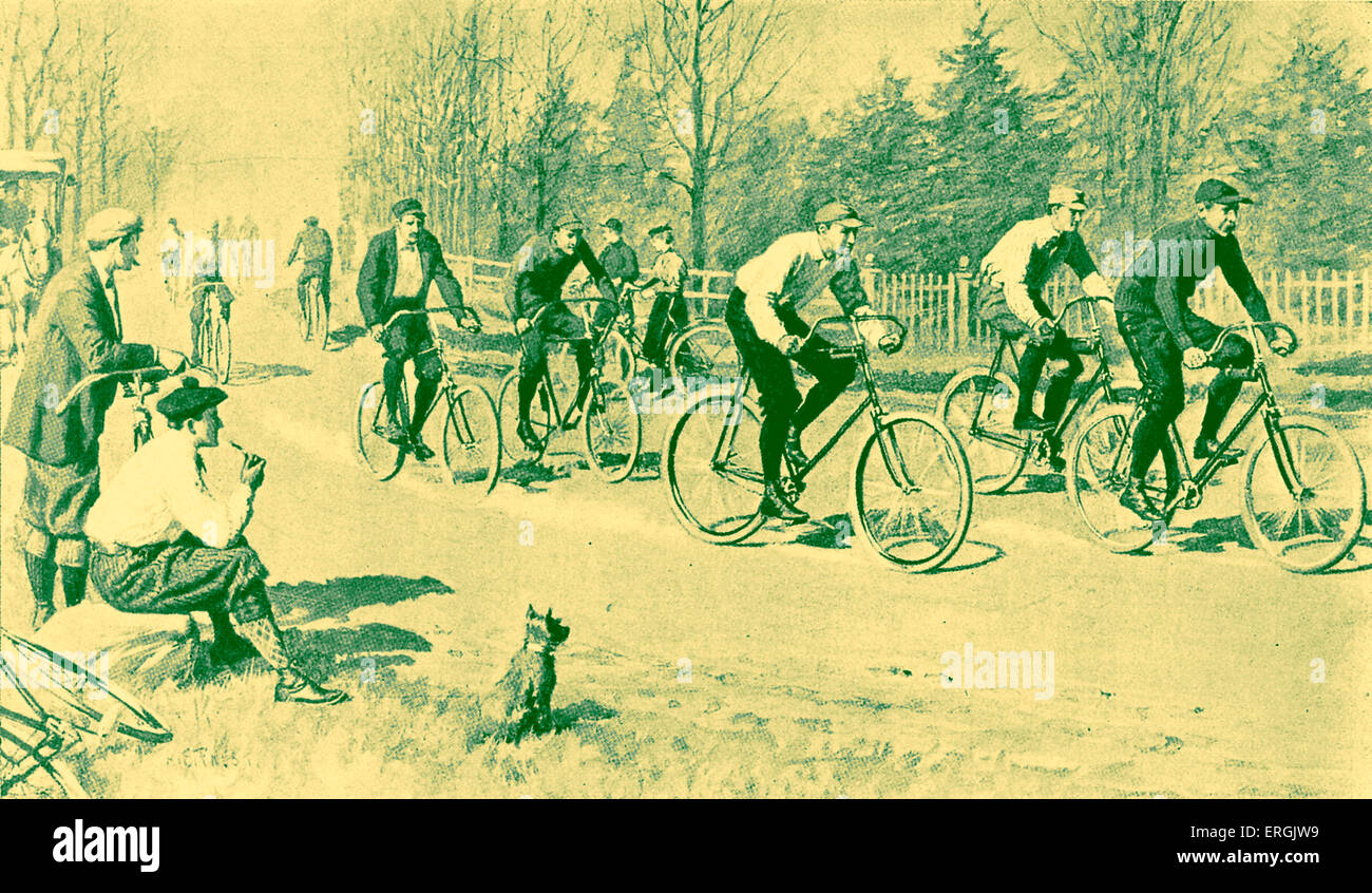 Cyclists in the late nineteenth century, New York. American illustration. Caption reads: 'The Century Run. A favouite pastime of the bicyclers' Stock Photo