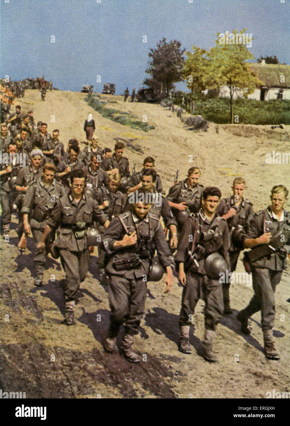 German soliders marching, World War 2. Spanish postcard intended for supporters of Franco' s Republic  which was in favour of Stock Photo