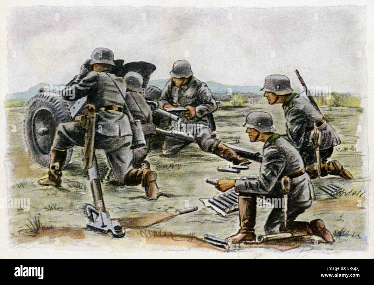 German Anti-Tank Unit during World War 2. German postcard illustration (caption: Panzer-Abwehr). Stock Photo