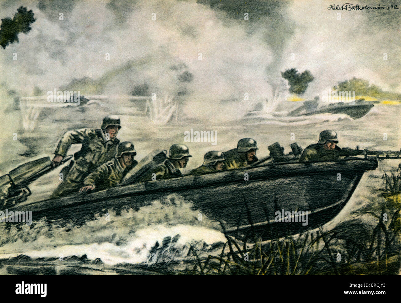 German pioneer troops attacking in an assault boat during World War 2.  After drawing by H. Baartholomäus.  Pioneer soldiers Stock Photo
