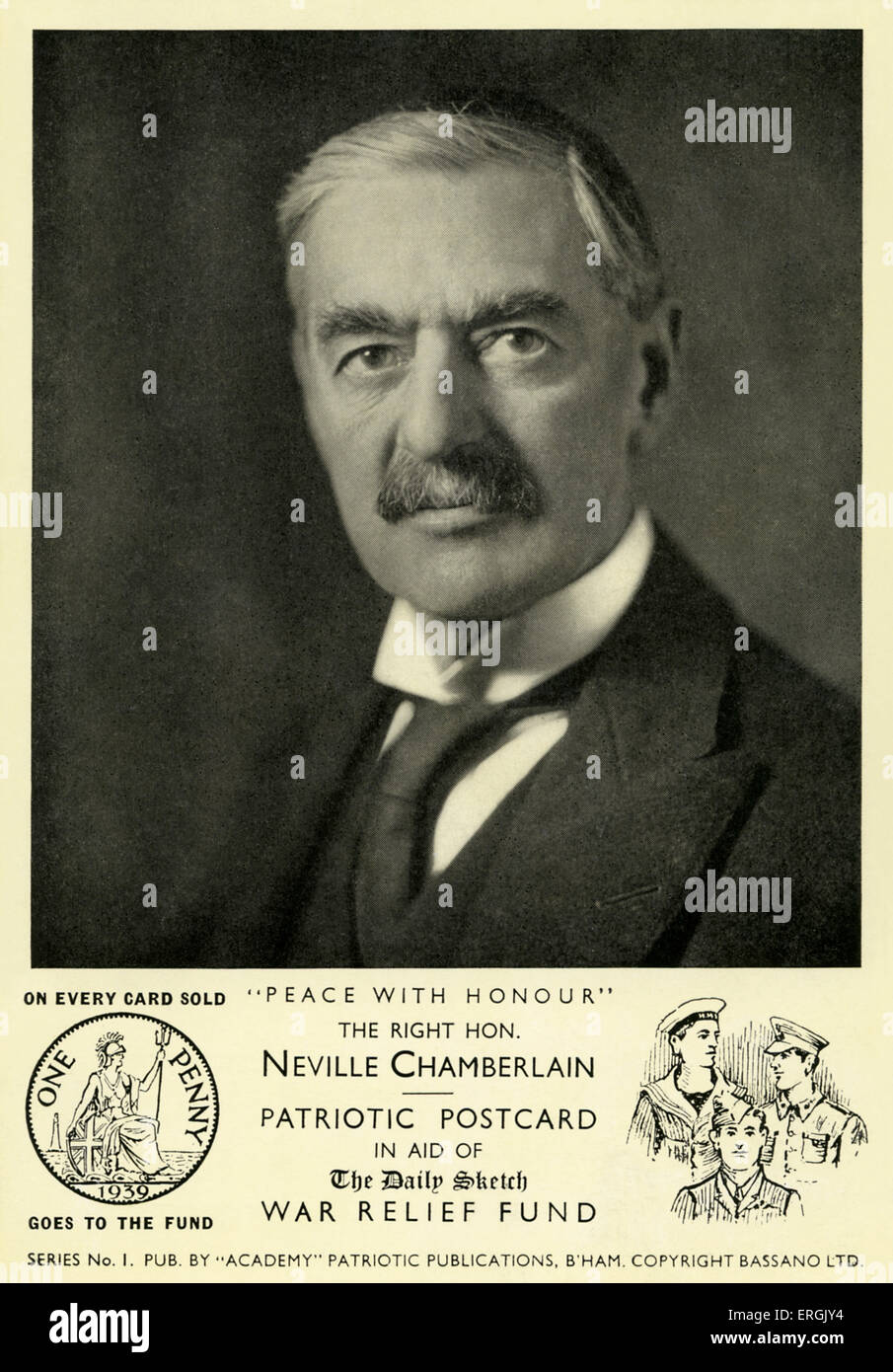 Neville Chamberlain - portrait on WW2 postcard.  Caption: 'Peace with Honour'. Postcard in aid of the Daily Sketch War Relief Stock Photo