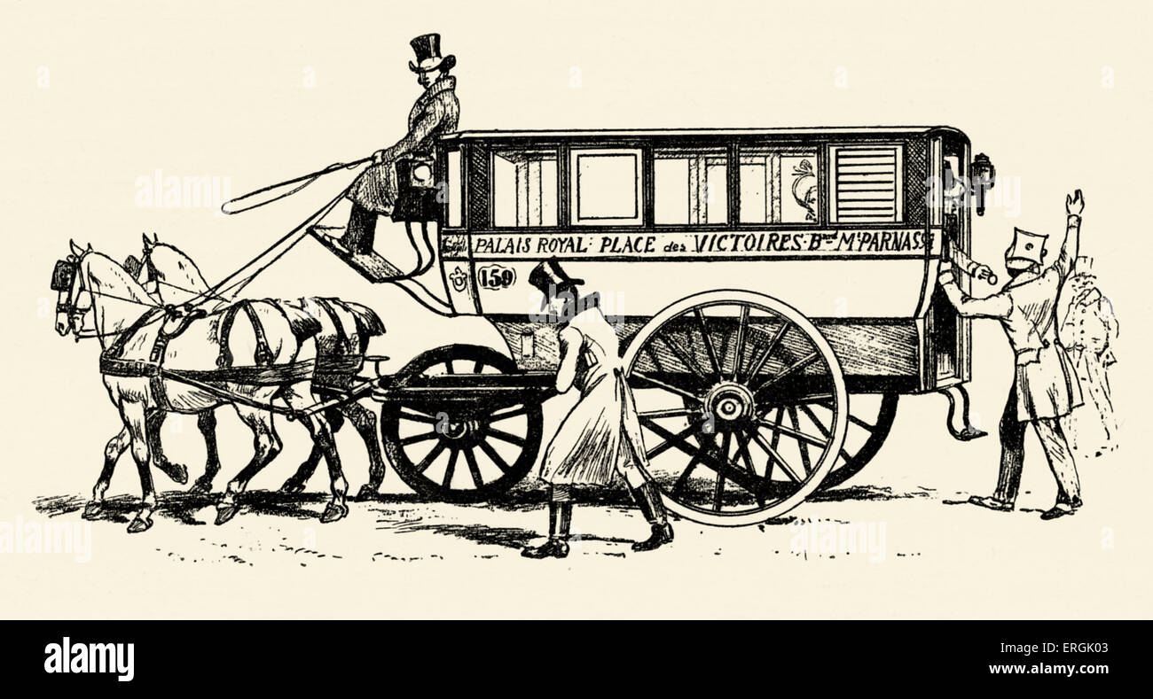 Omnibus with three wheels, Paris, 1828. Destinations indicated on side of carriage: Palais Royal, Place des Victoires, Boulevard de Montparnasse. Stock Photo