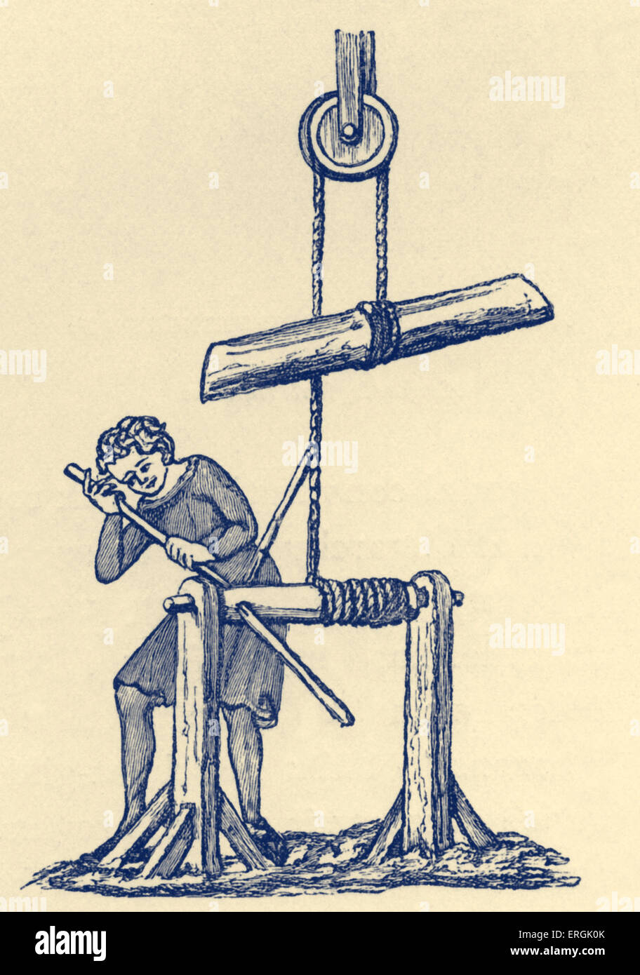Windlass, early 14th century. Apparatus for moving heavy weights. Stock Photo