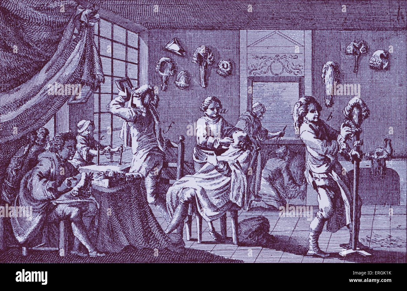 Perruquier's Shop, England, 18th century. Illustration of maker of perukes or wigs. Stock Photo