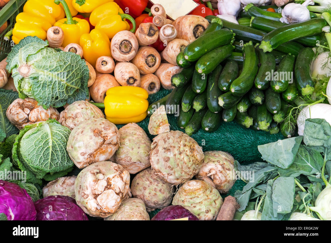 A selection of fresh vegetables seen on a market Stock Photo