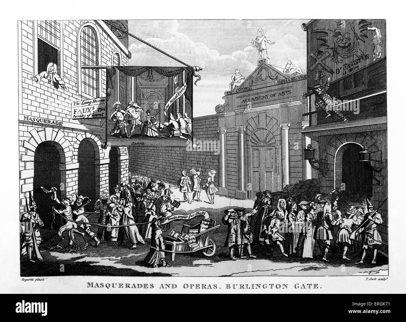 Masquerades and  - Burlington Gate  or The Bad Taste of the Town 1723 by William Hogarth 1723 . Middle figure in centre is Lord Stock Photo