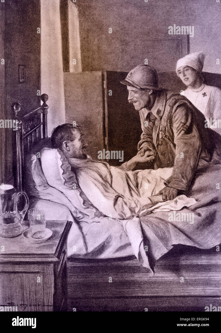 A wounded French soldier is visited by fellow infantryman in hospital, following the defense of Fort Douaumont in Verdun, Stock Photo