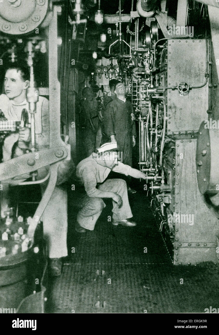 World War 1 Royal Navy Warship Boilerroom. Sailors working in the