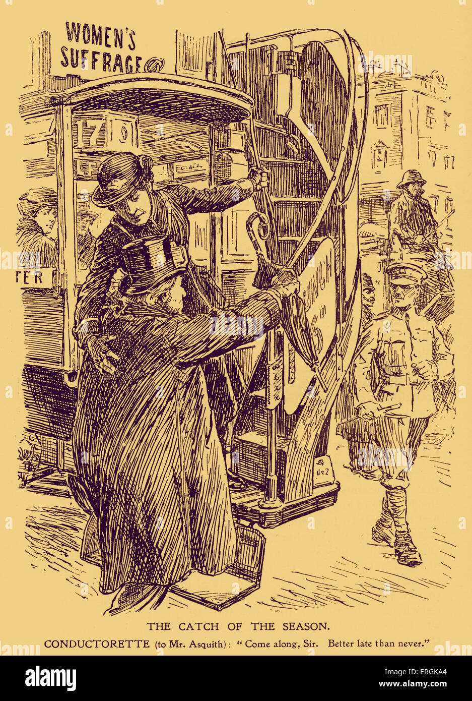 WWI Caricature of a female bus conducto  era helping Lord Asquith onto a bus. Caption reads: 'Conductorette (to Mr. Asquith): Stock Photo