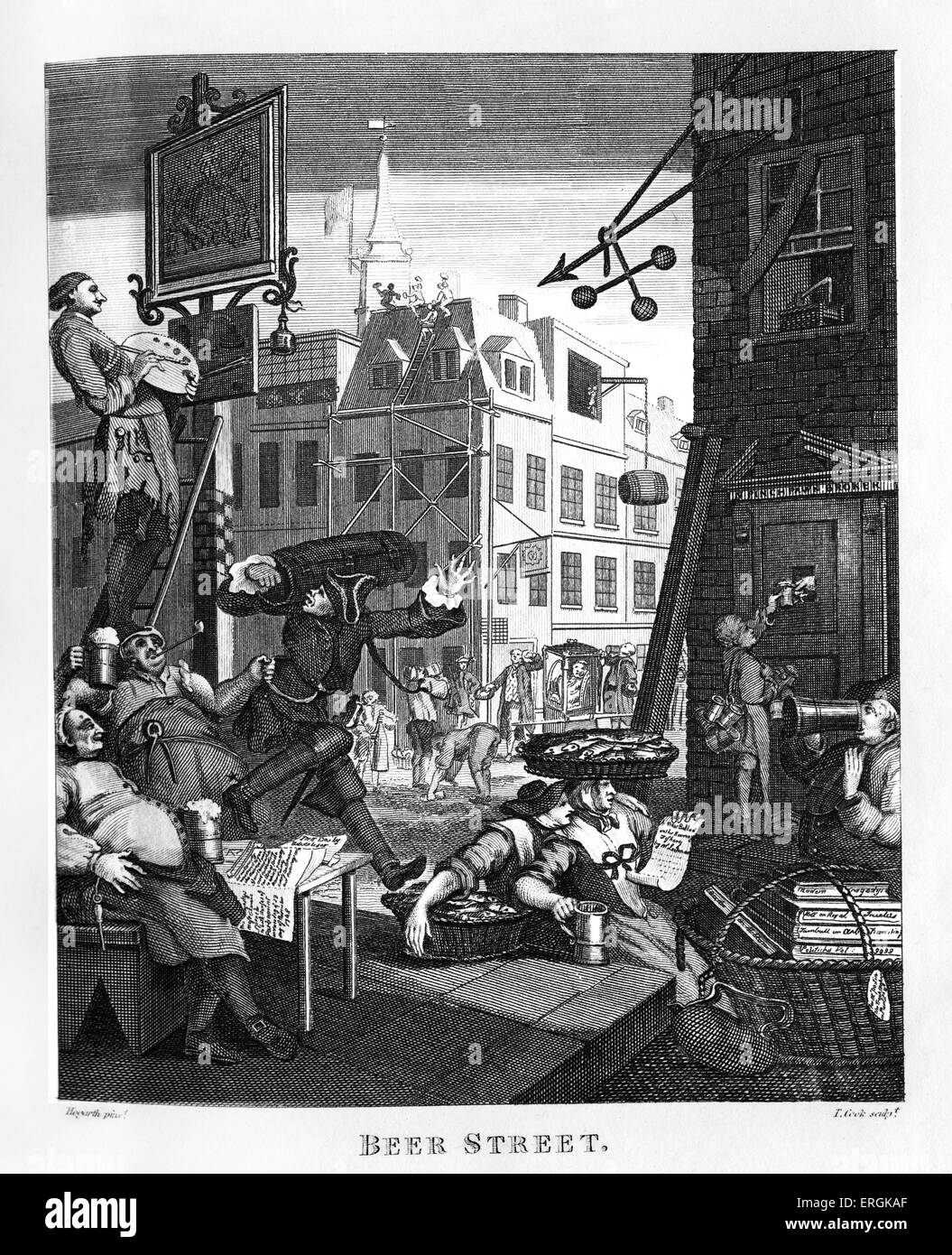 Beer Street by William Hogarth, 1751. Coupled with Gin lane, these engravings supported the Gin Act of 1751.Engraved by Thomas Stock Photo