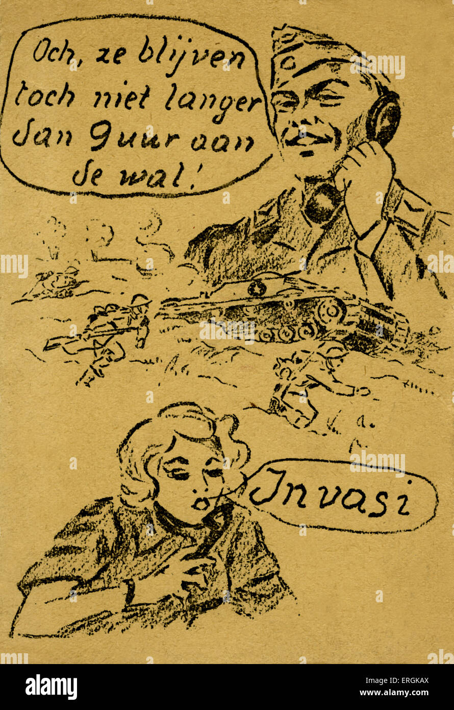 Dutch postcard from WW2: Liberation of Amsterdam. A soldier talking to a woman via telephone. Caption (solider): 'Oh, they will not stay longer than 9 hours ashore!' [Och, ze blijven toch niet langer dan 9 uur an de wal]. Caption (woman): 'Invasi' [Invasion]. Showing soliders and a tank attack. Caption on reverse: 'Drawings produced during the exciting September days of 1944. Printed on the day of liberation in Amsterdam, May 5th, 1945'. Stock Photo