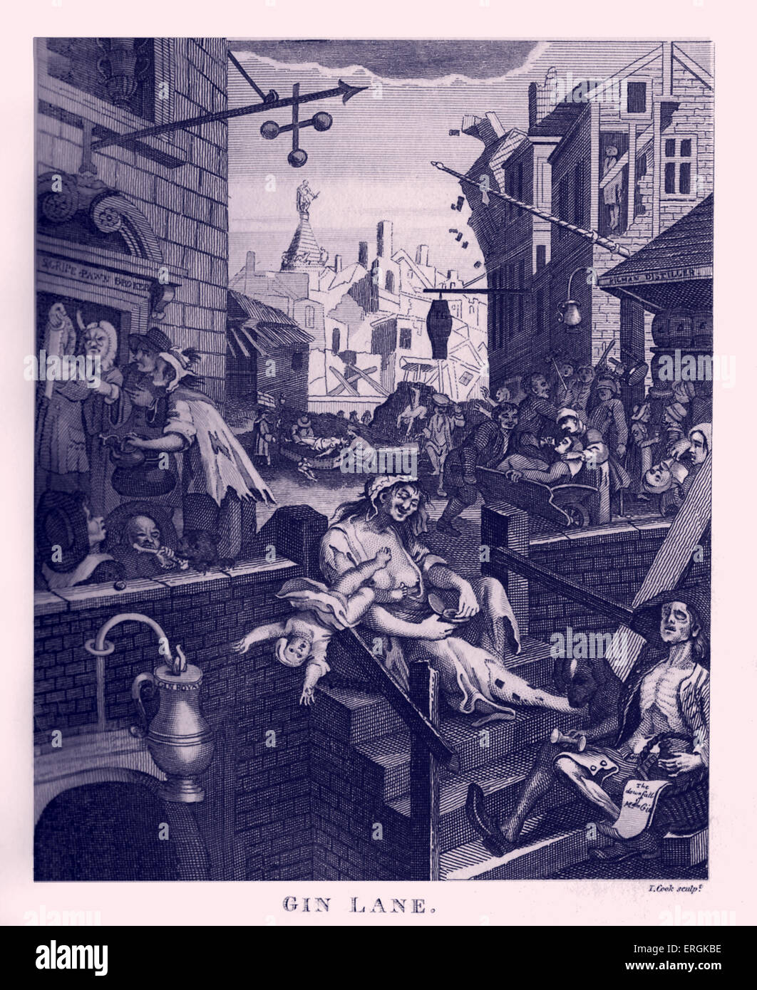 Gin Lane by William Hogarth, 1751. Coupled with Beer Street, these engravings supported the Gin Act of 1751.Engraved by Thomas Stock Photo