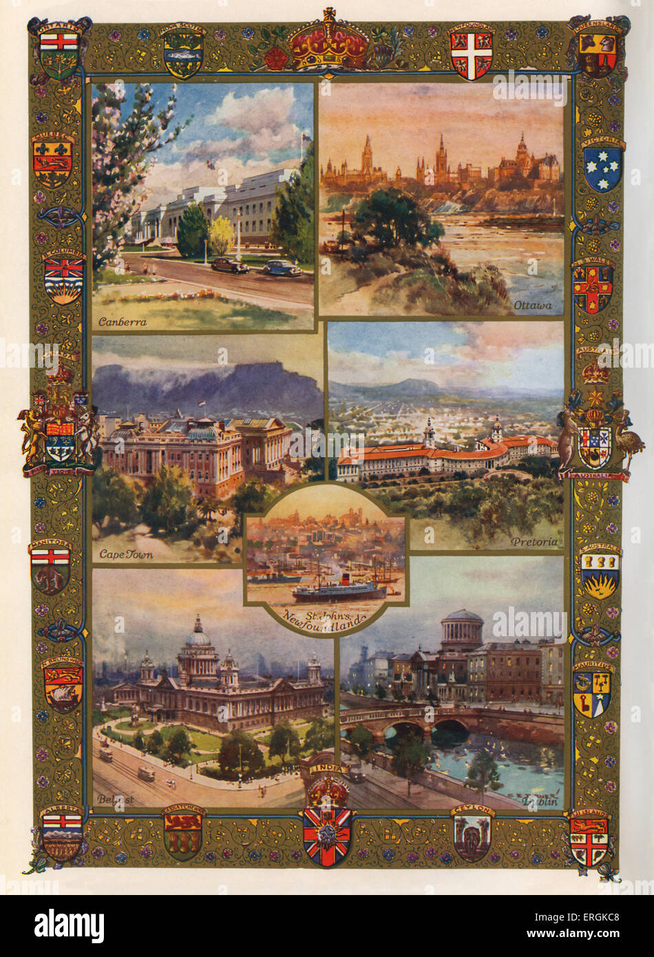 Capitals of the British Empire, 1936. Top left, Canberra; top right, Ottawa, Canada; center left, Cape Town, South Africa; Stock Photo