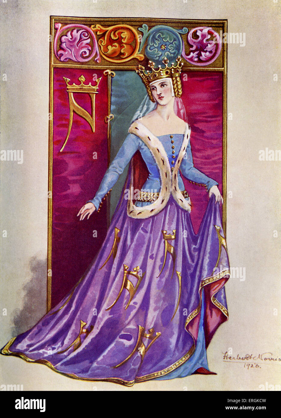 Noblelady, late 14th century, likely during the peiod of Richard II (1367-1400). Herbert Norris artist died 1950 - may require copyright clearance Stock Photo