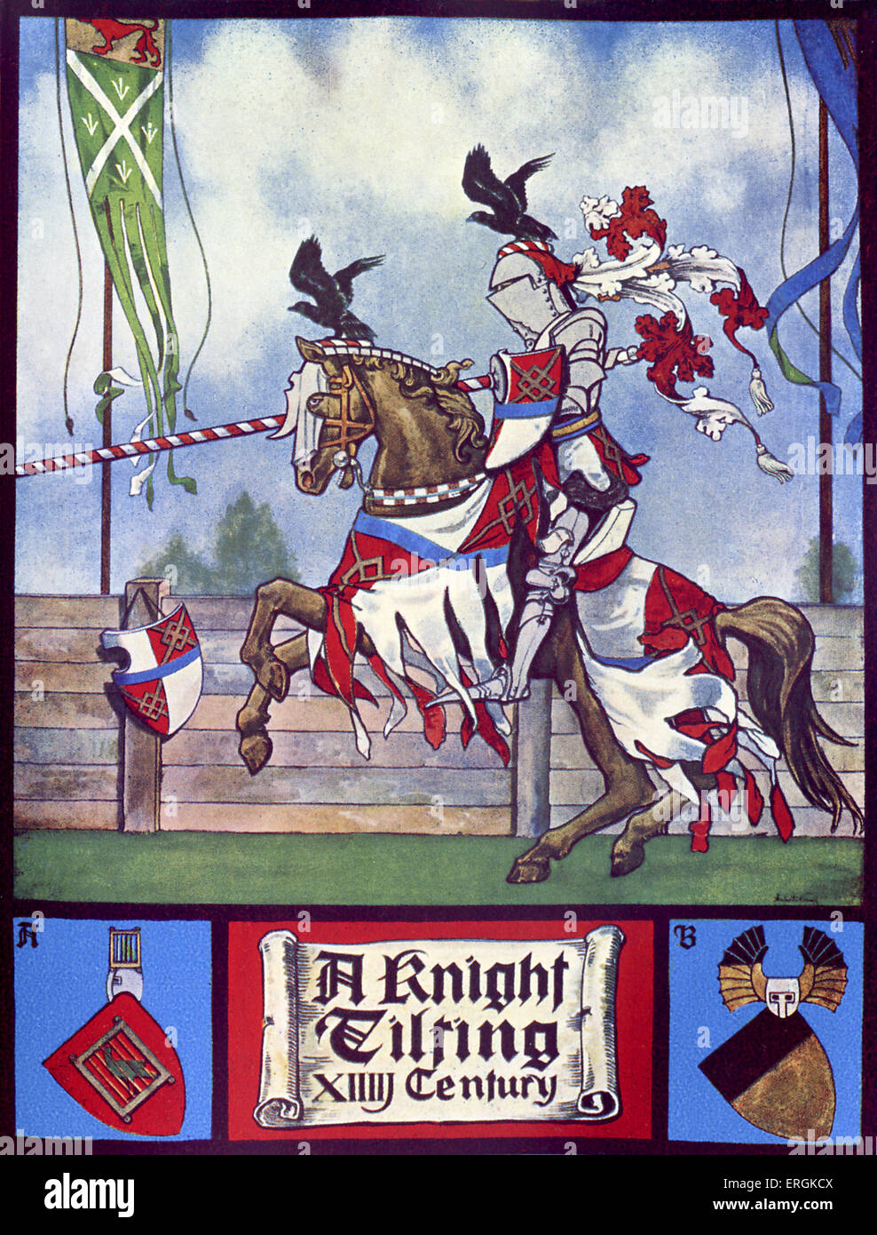 14th century knight jousting for sport. Caption reads 'A Knight Tilting'.  Herbert Norris atist  died 1950 - may require Stock Photo