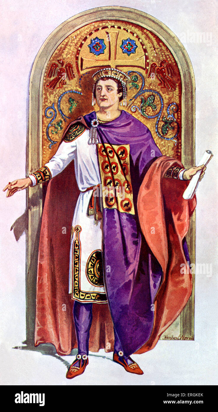 Byzantine Emperor Justinian, c. 482 - 565. Leader of the Eastern Roman Empire 527-565.   Herbert Norris artist  died 1950 - may Stock Photo