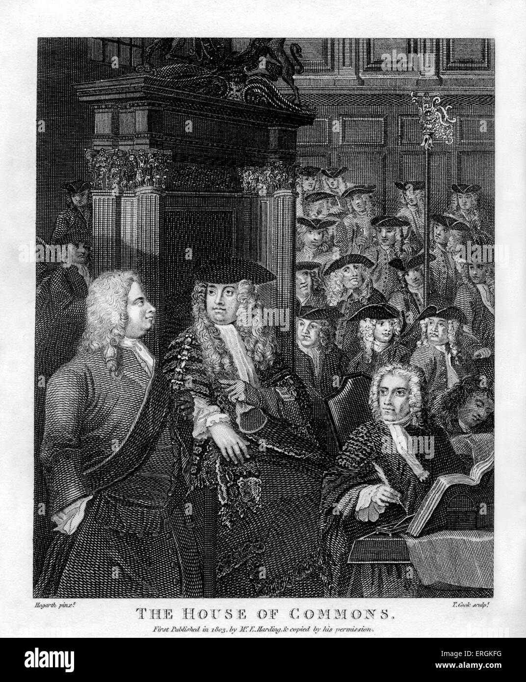 The House of Commons by William Hogarth, 1803. Engraved by Thomas Cook. Gathered are: Arthur Onslow (1691-1768), then speaker of the house; Robert Walpole (1676-1745), left, Britian's first Prime Minister; Sidney Godolphin (1652-1732), right, the so called 'Father of the House'. Stock Photo