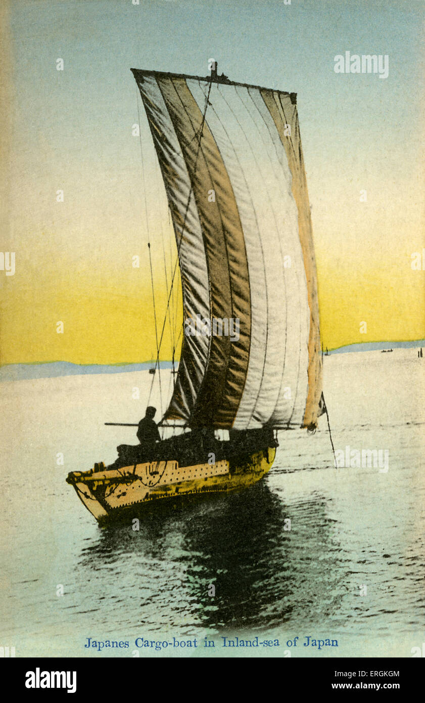 Japanese barge in the Sea of Japan, printed in the early 20th century. Stock Photo