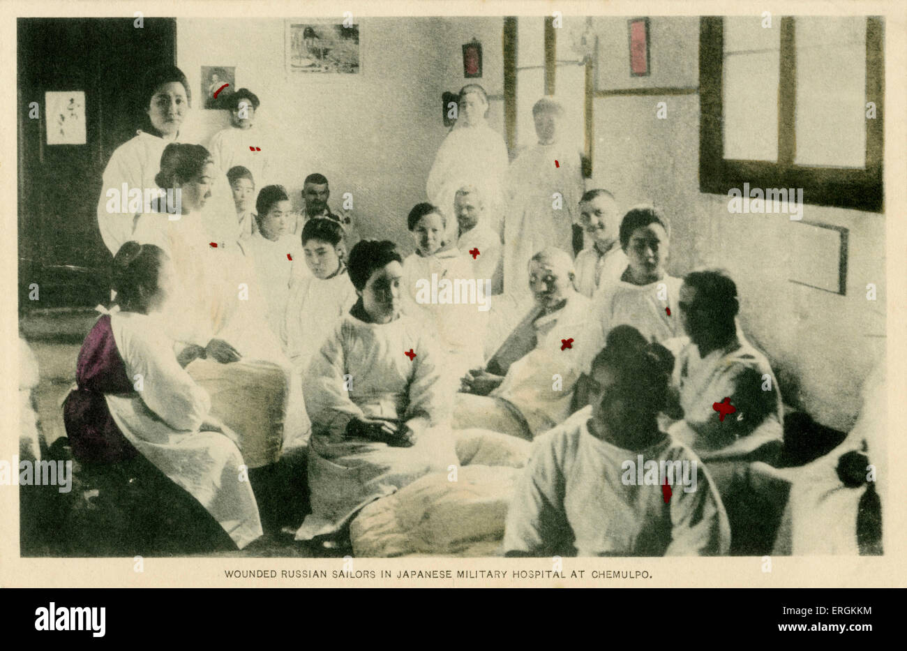 Russian sailors in a Korean military hospital at Chemulpo. The Battle of Chemulpo marked the first major Japanese victory in the Russo-Japanese war (1904-5). Caption reads: 'wounded russian sailors in Japanese Military hospital at Chemulpo'. Stock Photo