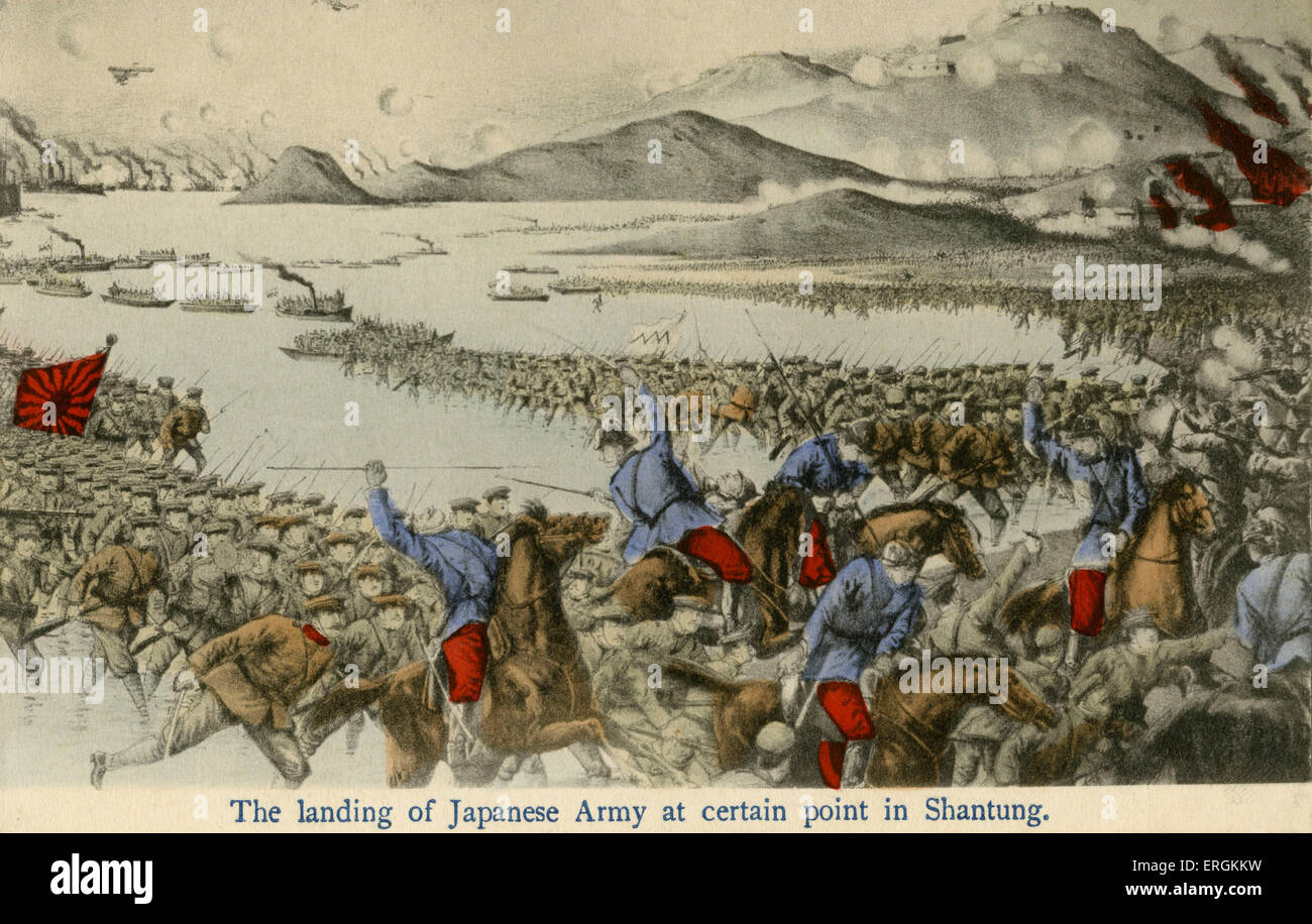 Japanese troops landing at Shantung, during the Russo-Japanese War (1904-5). Caption reads 'The landing of Japanese Army at Stock Photo