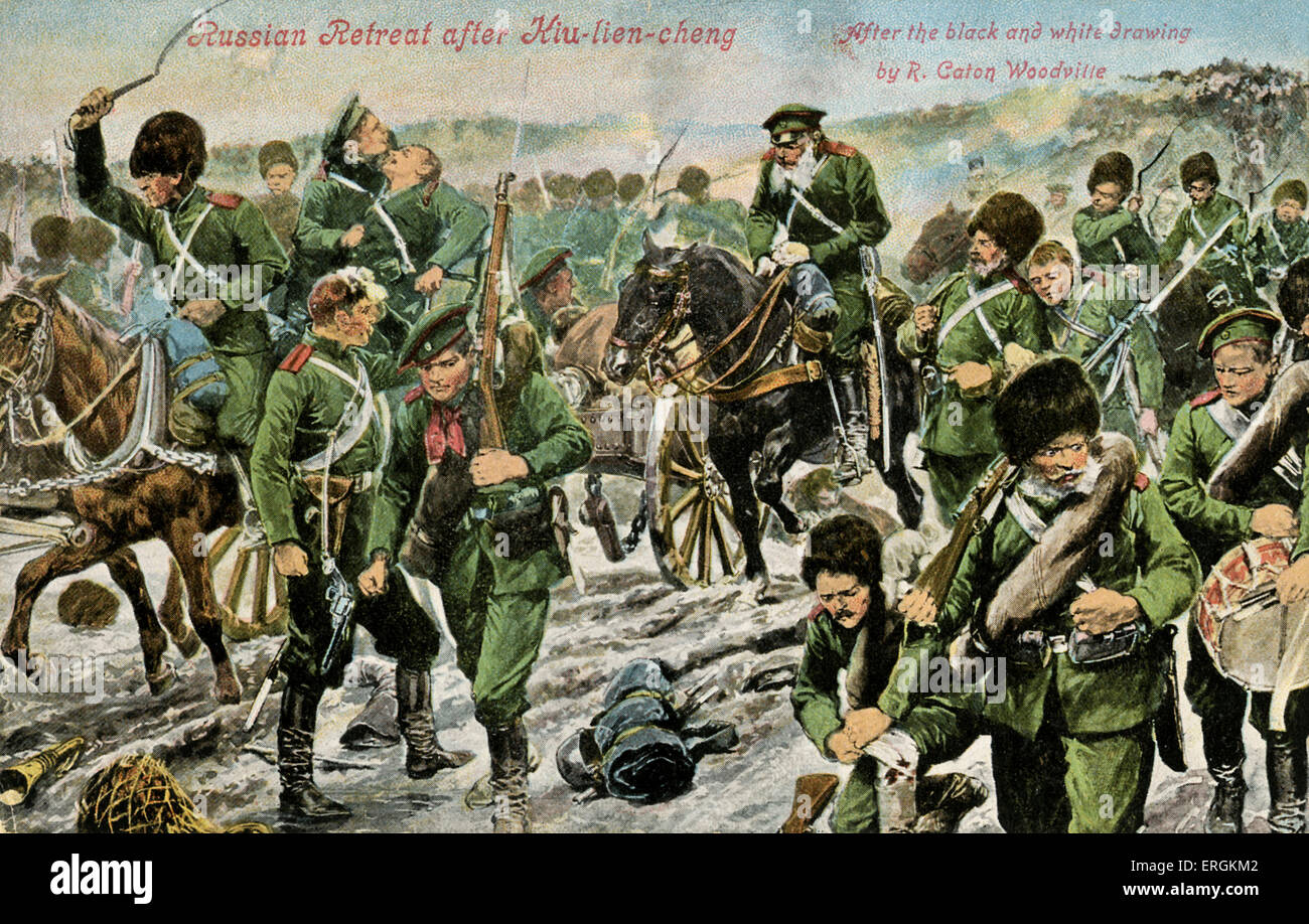 Russian retreat after the Battle of Kiu-Lien-cheng (May 1, 1904), an engagement in the Russo-Japanese War (1904-5). Caption Stock Photo