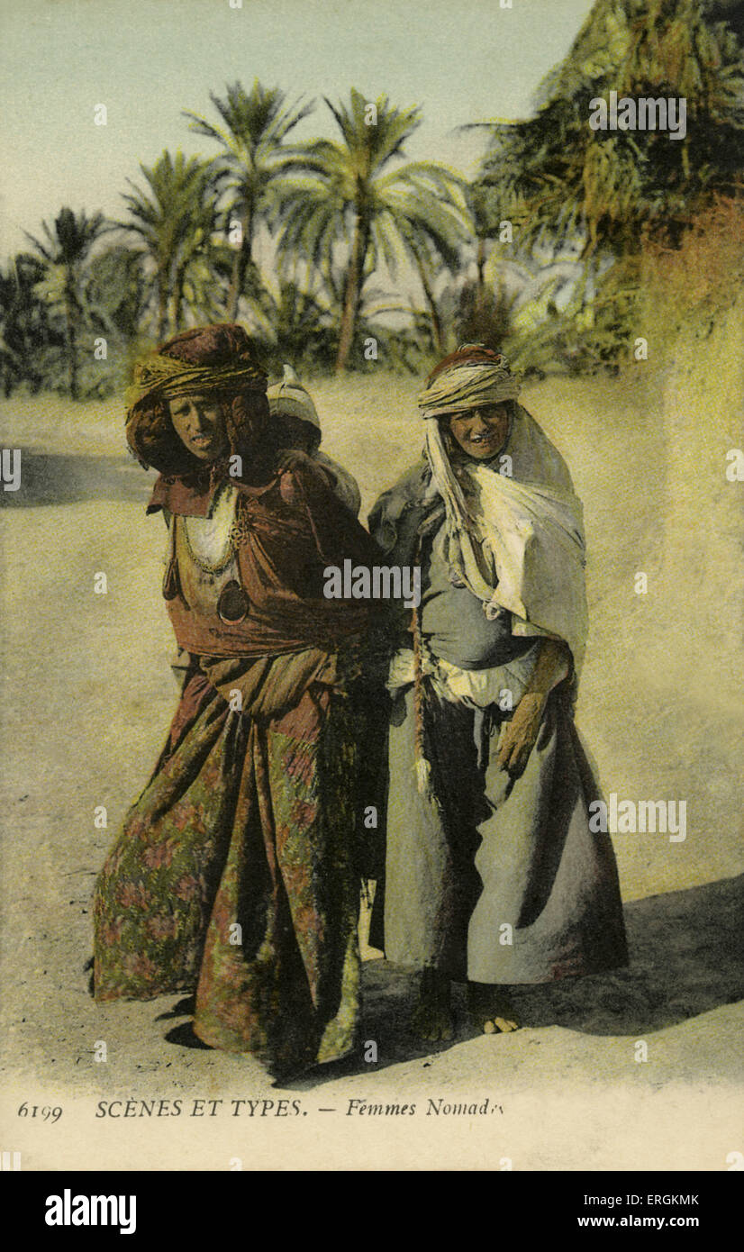 Two Moroccan Bedouin. Caption reads: 'Femmes Nomad' (female nomads). Stock Photo