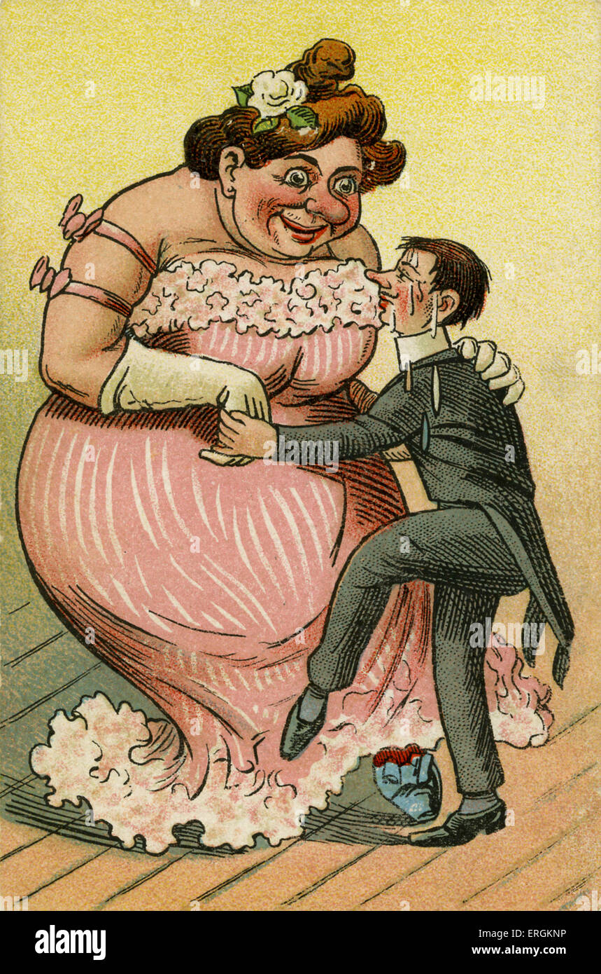 Comic dance with a giant lady and a smaller gentleman. The caricature is dated 1919. Stock Photo
