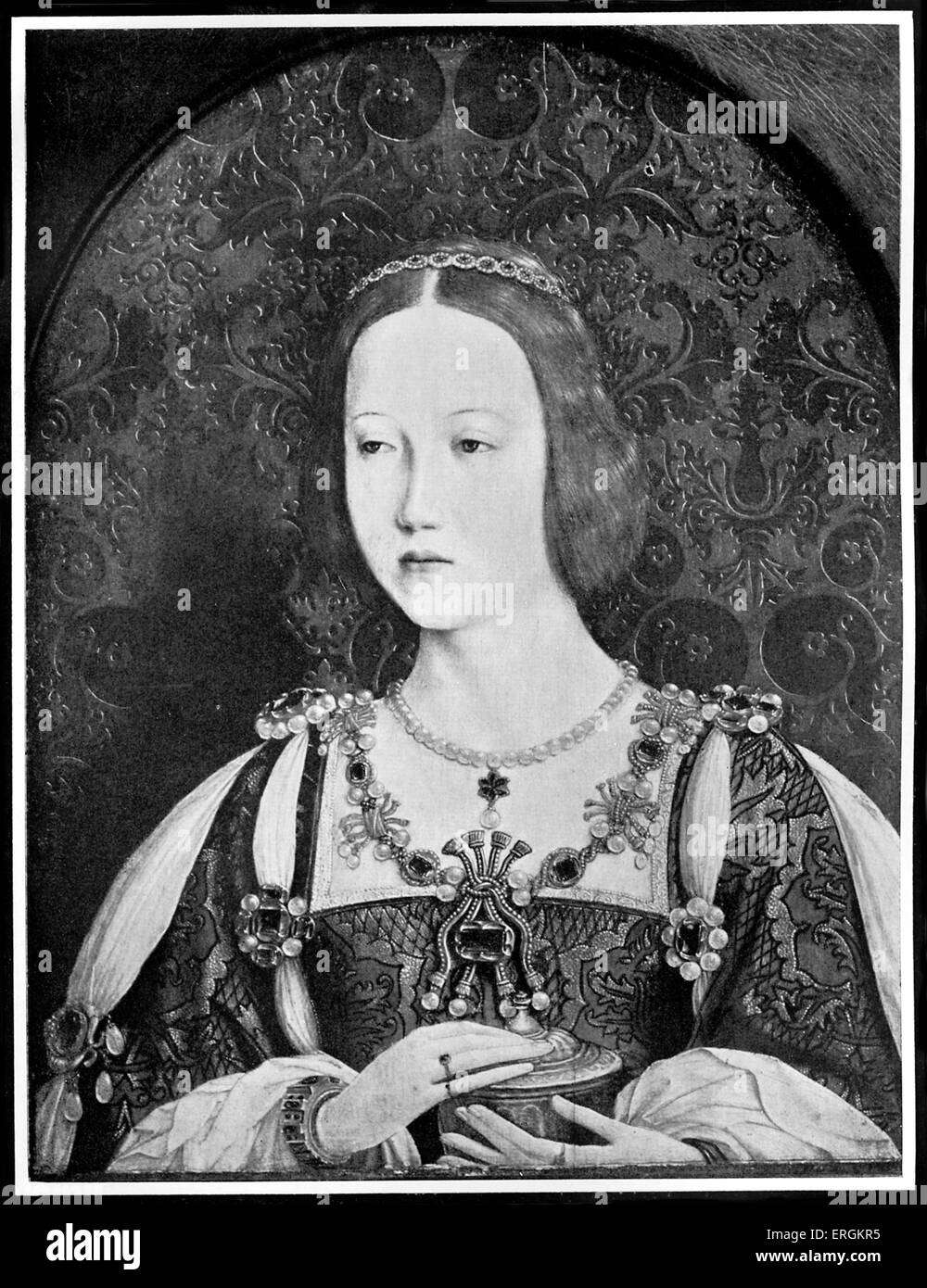 Princess Mary Tudor (1496 - 1533). Queen consort of France for a year in 1514 following her marriage to Louis XII (1462 - 1515). Sister to King Henry VIII of England (1491 - 1547). Portrait by Jehan Perreal (c. 1450 - 1530) in 1514. Stock Photo