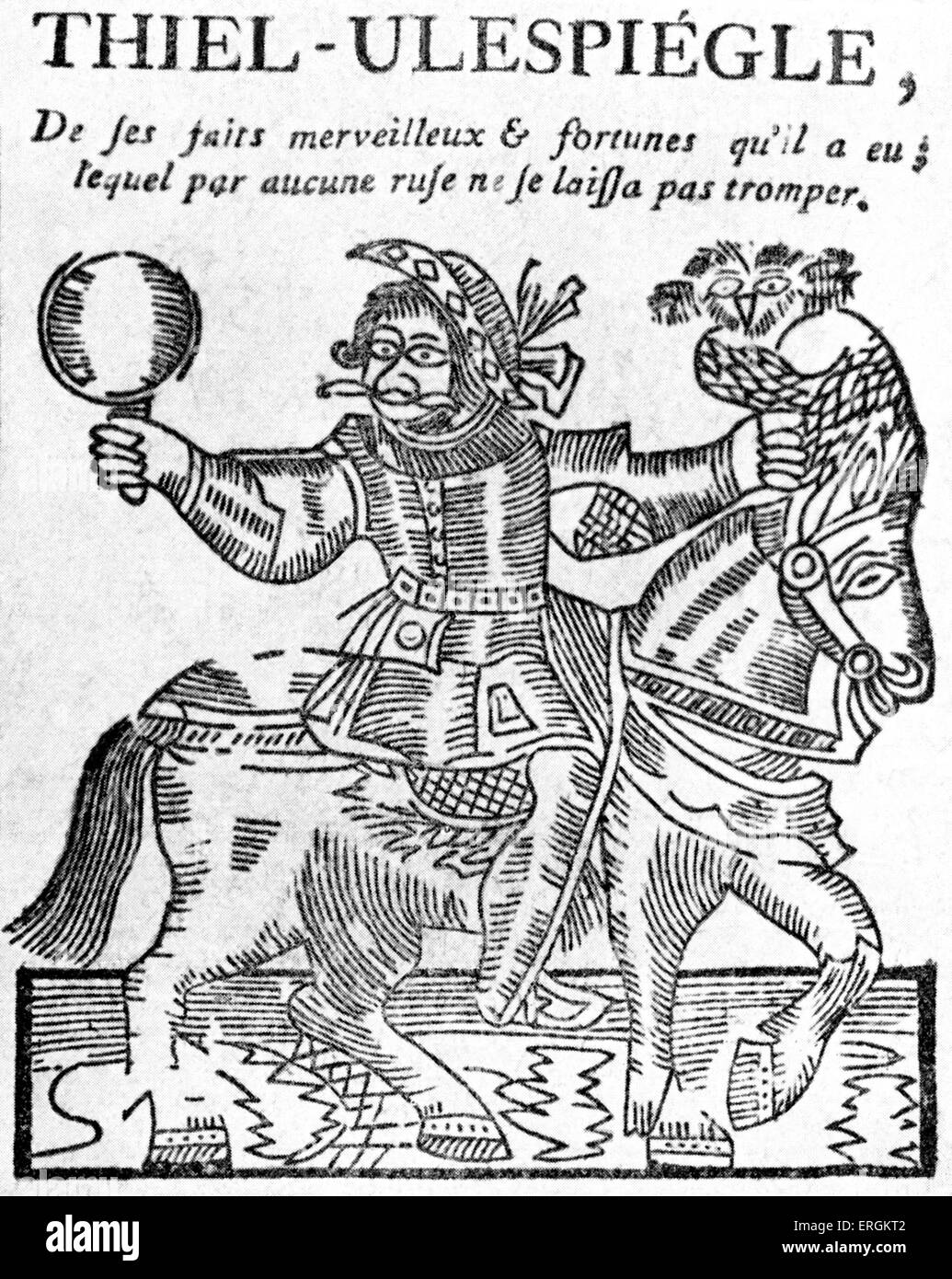 Till Eulenspiegel (French: Thiel-Ulespiégle)  - engraved frontispiece of a book sold via colportage from A.P.F.André's press, Stock Photo