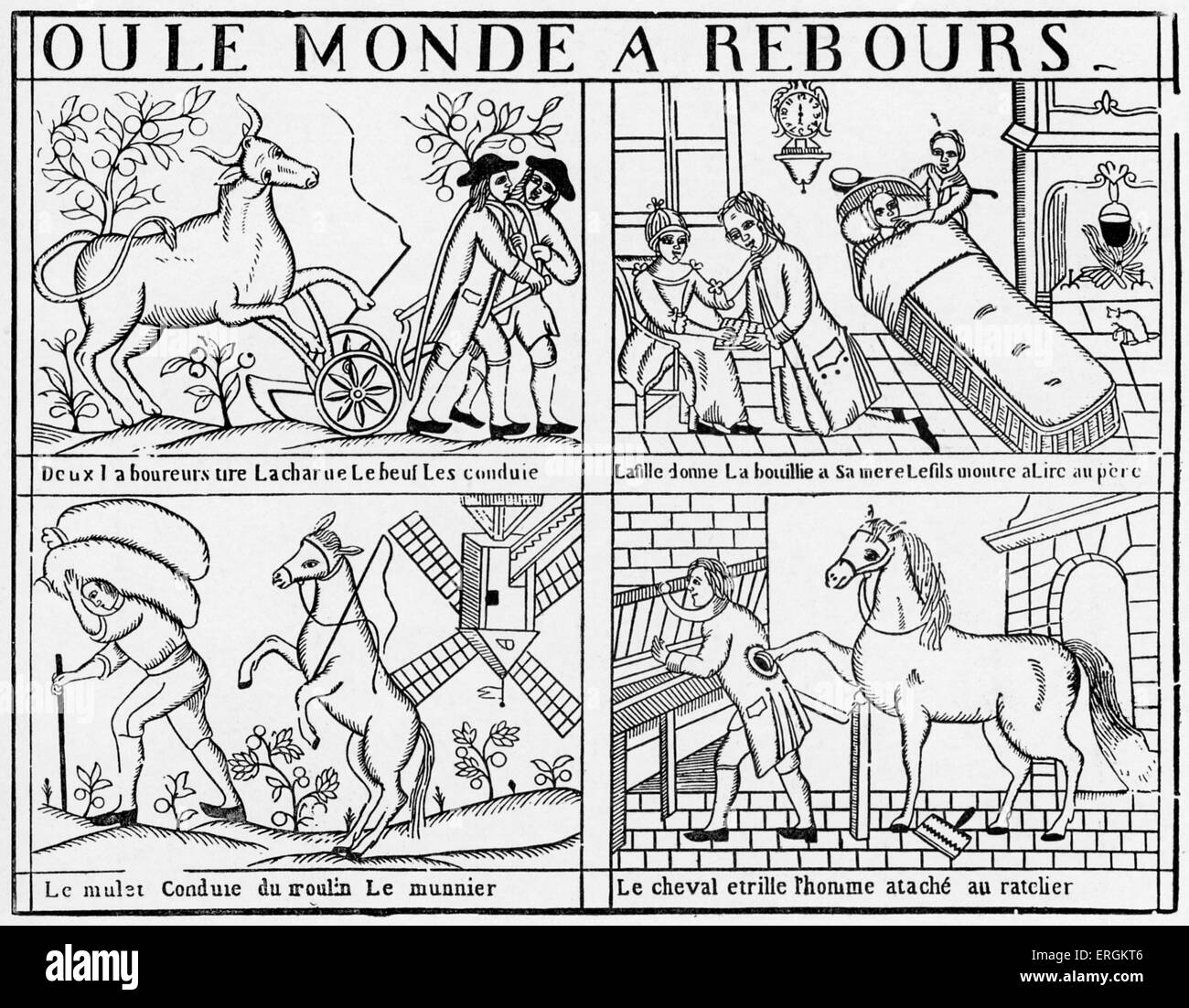 'Le monde renversé' ('Topsy-Turvy World') - engraving from beginning of 19th century. Published by Leloup, Le  Mans. Tradition Stock Photo