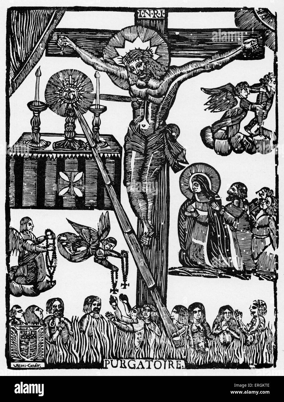 Purgatory (French: Purgatoire) - from wood engraving from  Montauban, France.  Beginning of 17th cenutry. Bottom left: coat of Stock Photo