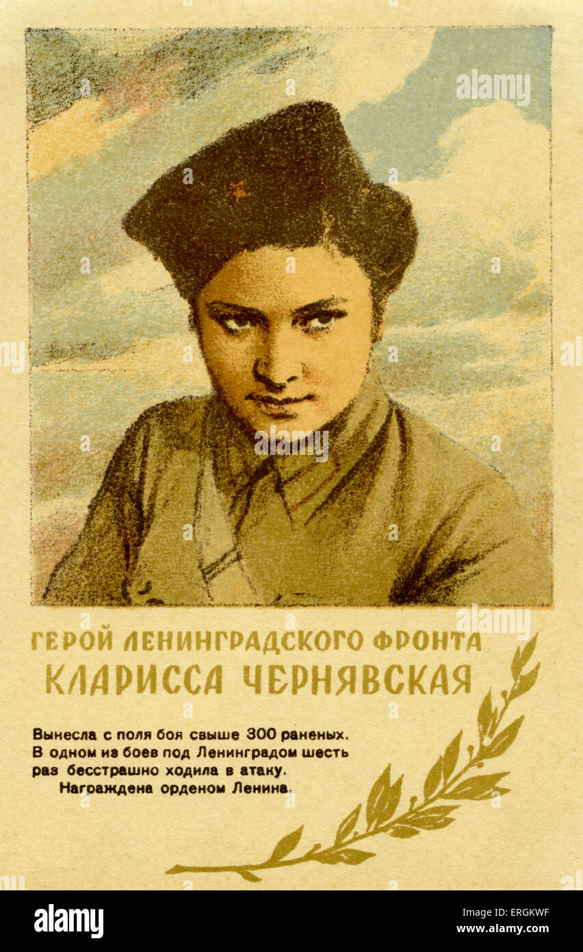 Klarissa Chernyavskaya of the Battle of Leningrad. Caption explains that she carried approxmiately three hundred wounded from Stock Photo