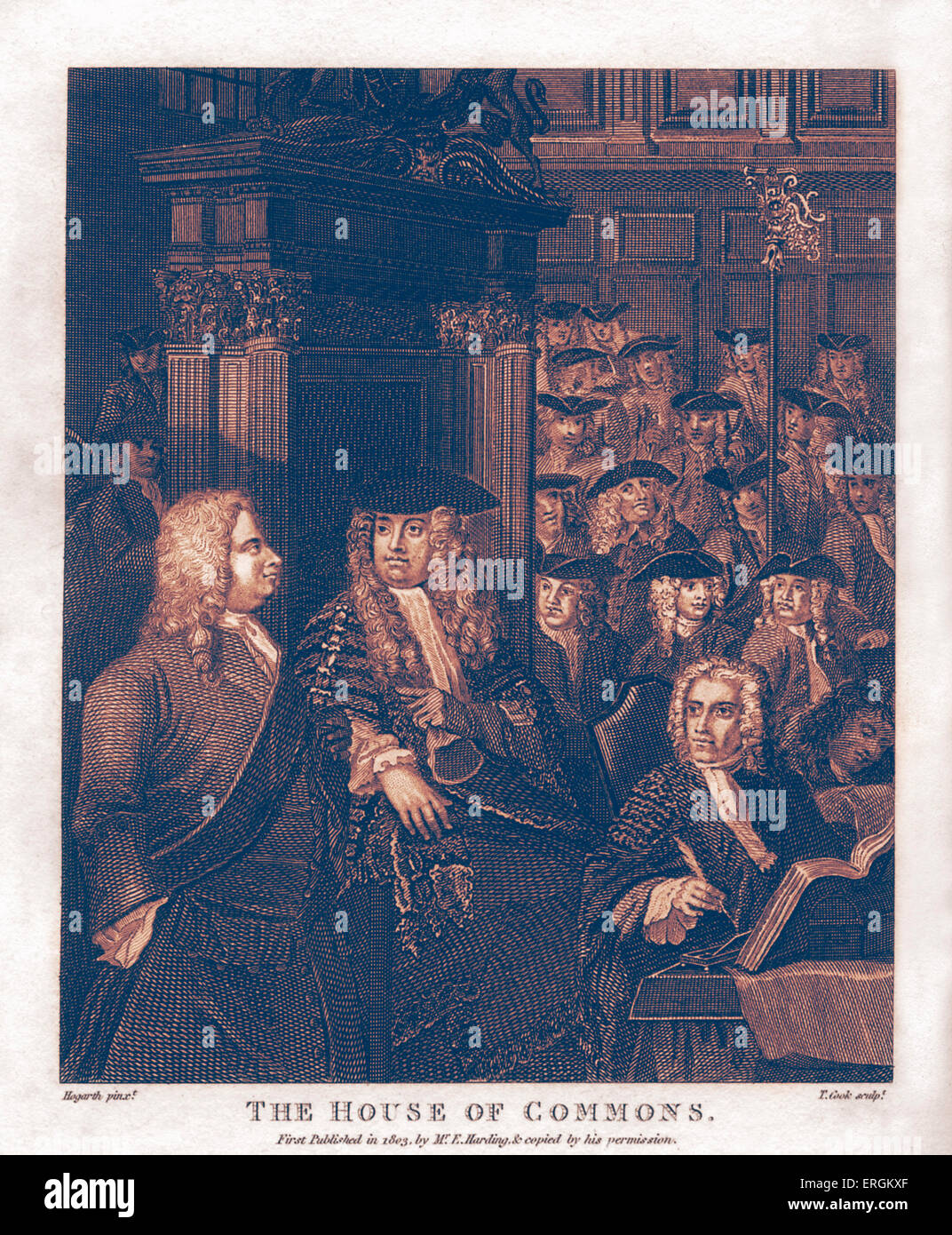 The House of Commons by William Hogarth, 1803. Engraved by Thomas Cook. Gathered are: Arthur Onslow (1691-1768), then speaker of the house; Robert Walpole (1676-1745), left, Britian's first Prime Minister; Sidney Godolphin (1652-1732), right, the so called 'Father of the House'. Stock Photo