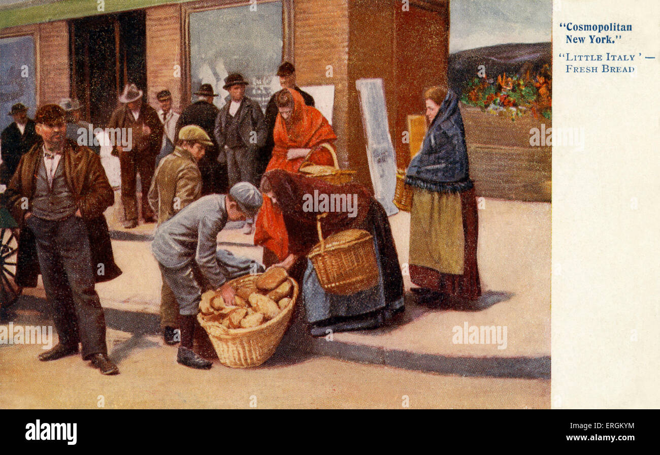 Little Italy, New York. A woman buys fresh bread from a street seller, early twentieth century. Stock Photo