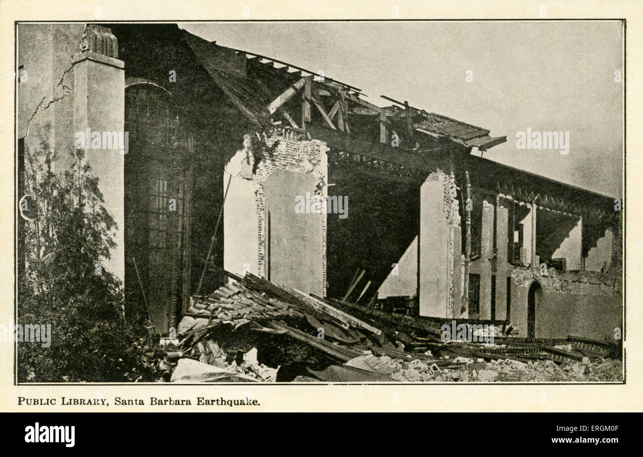 Santa Barbara earthquake of 1925. The public library, pictured, was entirely destroyed, and in total the earthquake caused Stock Photo