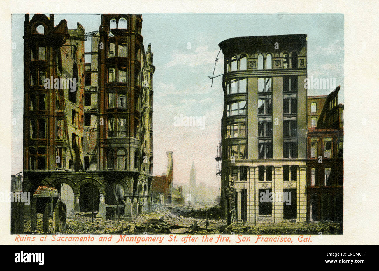 San Francisco earthquake of April 18th, 1906. Caption reads: 'Ruins of Sacramento and Montgomery st. after the fire'. Stock Photo